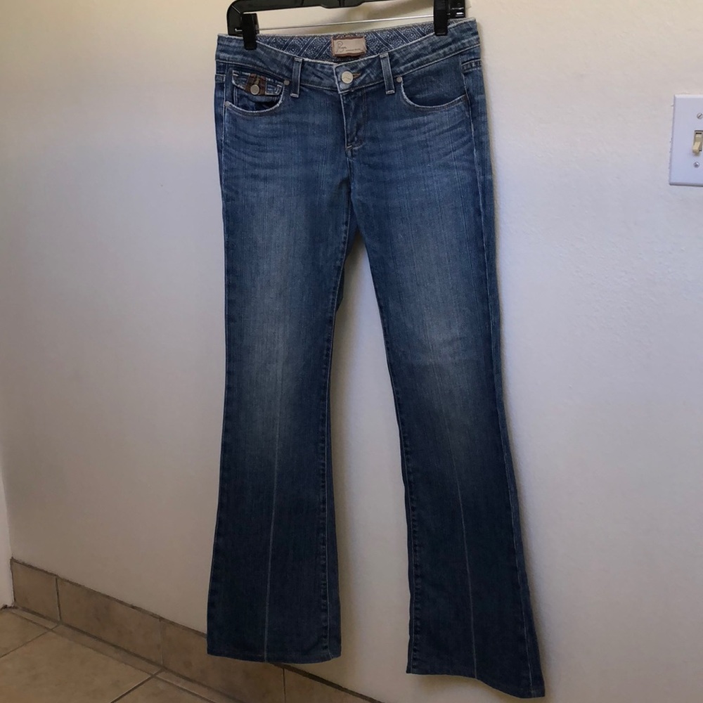 Paige “Fairfax” Leather Trim Bootcut Jeans Size 28